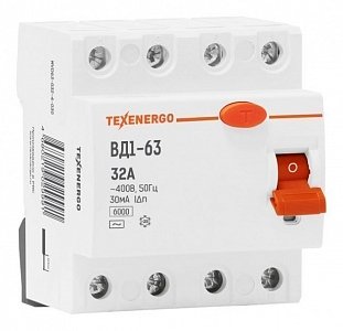 Фотография товара 'Texenergo Устройство защитного отключения УЗО ВД1-63 4р 32А/ 30мА MVD63-032-4-030'