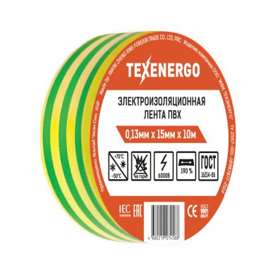 Фотография товара 'Texenergo PVC13-10-K56 Изолента ПВХ желто-зеленая'