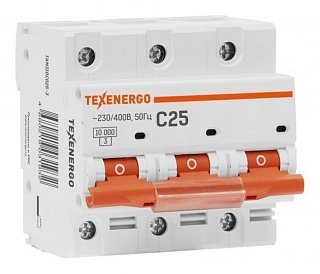 Фотография товара 'Texenergo Автоматический выключатель ВА47-100 3п 25А 10кА Texenergo хар-ка С TAM310C025-1'