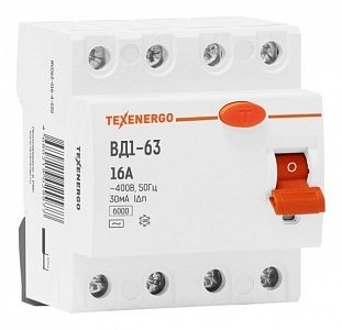 Фотография товара 'Texenergo Устройство защитного отключения УЗО ВД1-63 4р 16А/ 30мА MVD63-016-4-030'