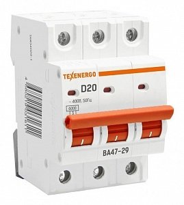 Фотография товара 'Texenergo Автоматический выключатель ВА47-29 3п 20А 6кА Texenergo хар-ка D TAM34D20-1'