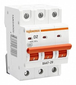 Фотография товара 'Texenergo Автоматический выключатель ВА47-29 3п 2А 6кА Texenergo хар-ка D TAM34D02-1'