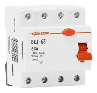 Фотография товара 'Texenergo Устройство защитного отключения УЗО ВД1-63 4р 63А/ 300мА MVD63-063-4-300'