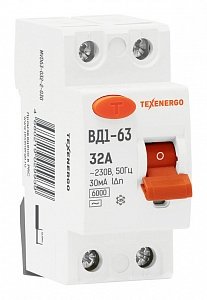 Фотография товара 'Texenergo Устройство защитного отключения УЗО ВД1-63 2р 32А/ 30мА MVD63-032-2-030'
